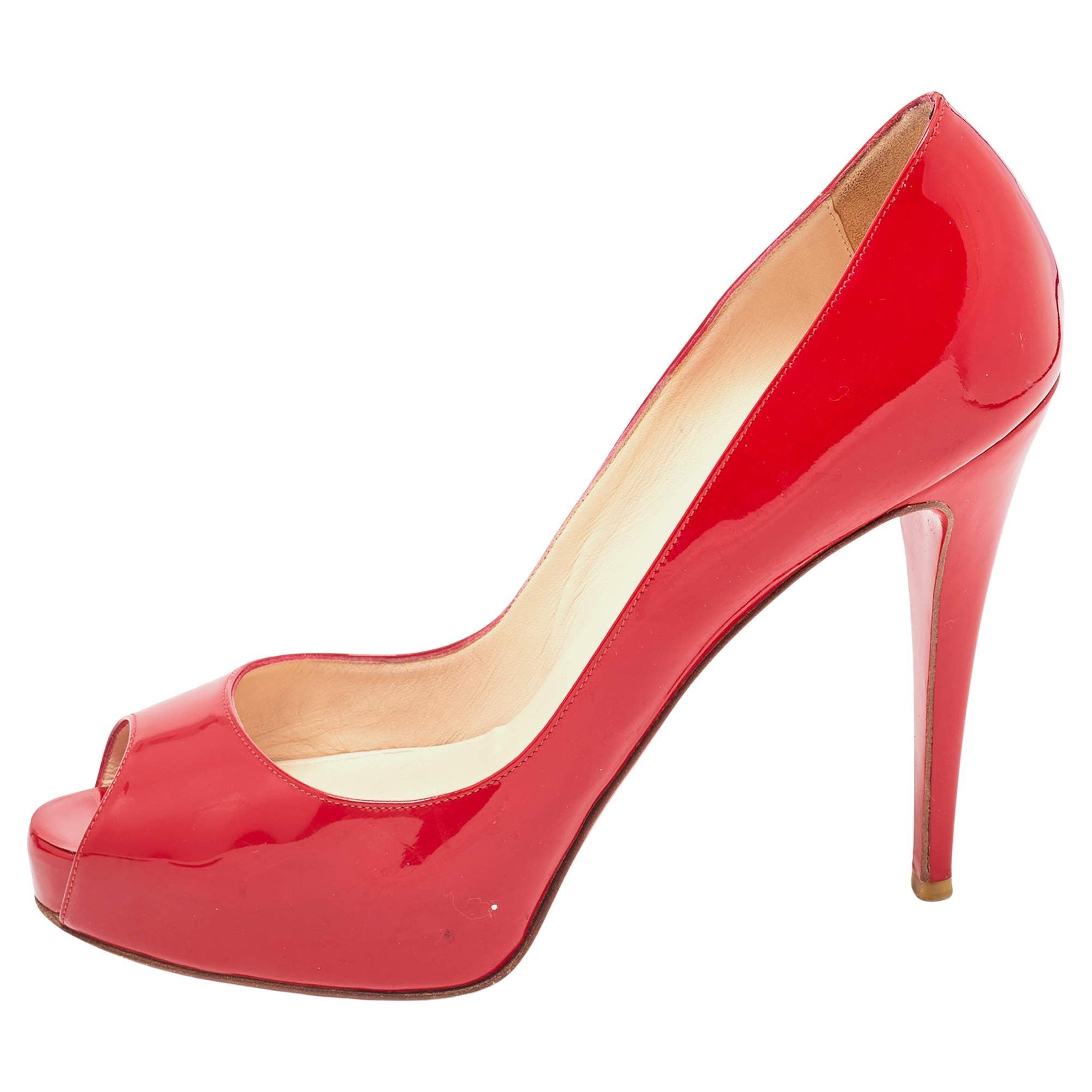 Christian Louboutin Red Patent Lady Peep Pumps Size 40 For Sale