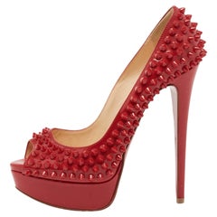 Christian Louboutin Red Patent Lady Peep-Toe Spike Platform Pumps Size 36