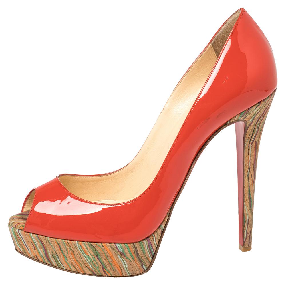 Women's Christian Louboutin Red Patent Leather And Cork Lady Peep Toe Pumps Size 38.5 For Sale