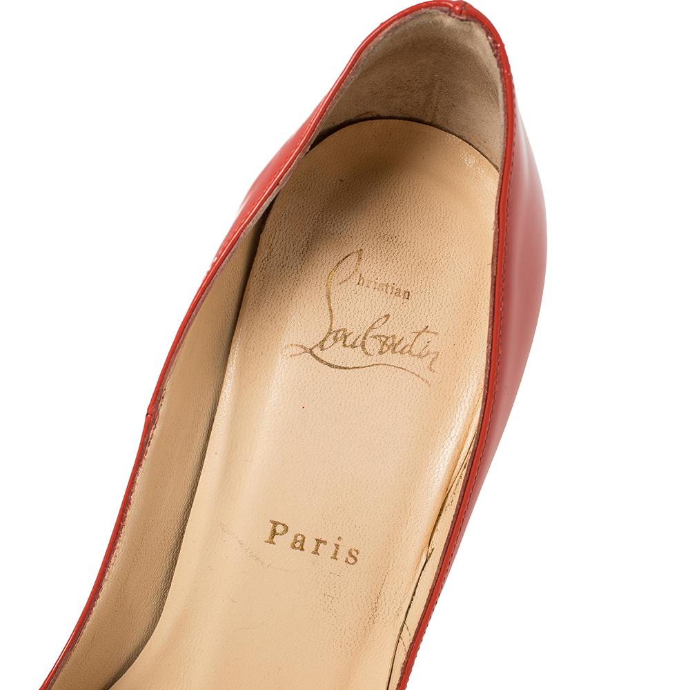 Christian Louboutin Red Patent Leather And Cork Lady Peep Toe Pumps Size 38.5 For Sale 1