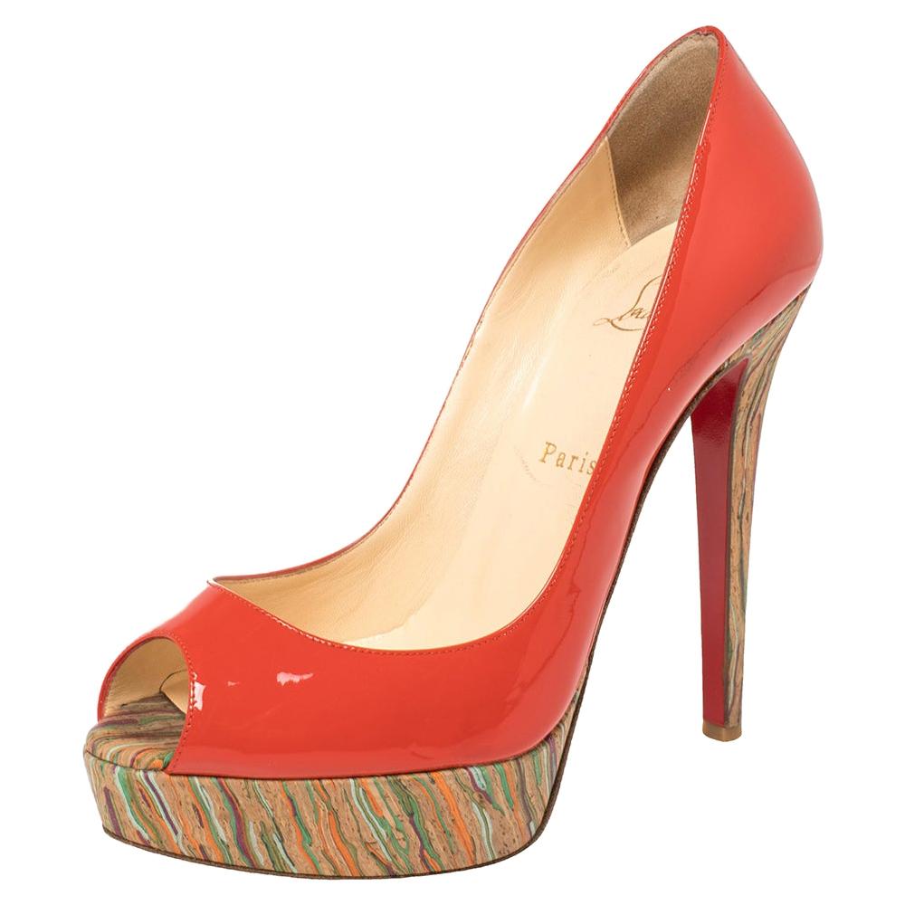 Christian Louboutin Red Patent Leather And Cork Lady Peep Toe Pumps Size 38.5 For Sale