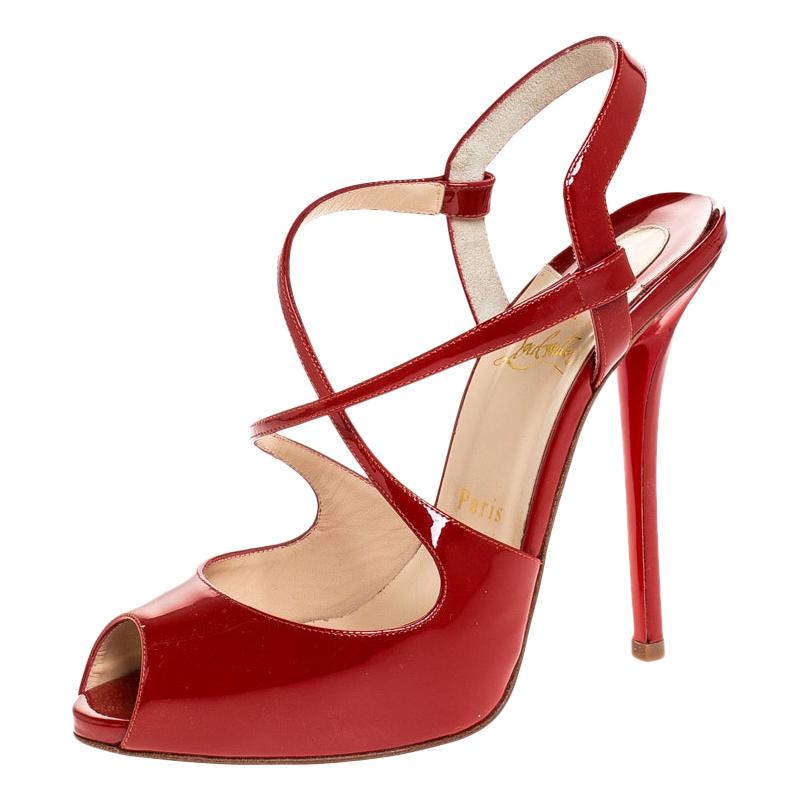 Christian Louboutin Red Patent Leather Cross Street Strappy Sandals Size 38.5