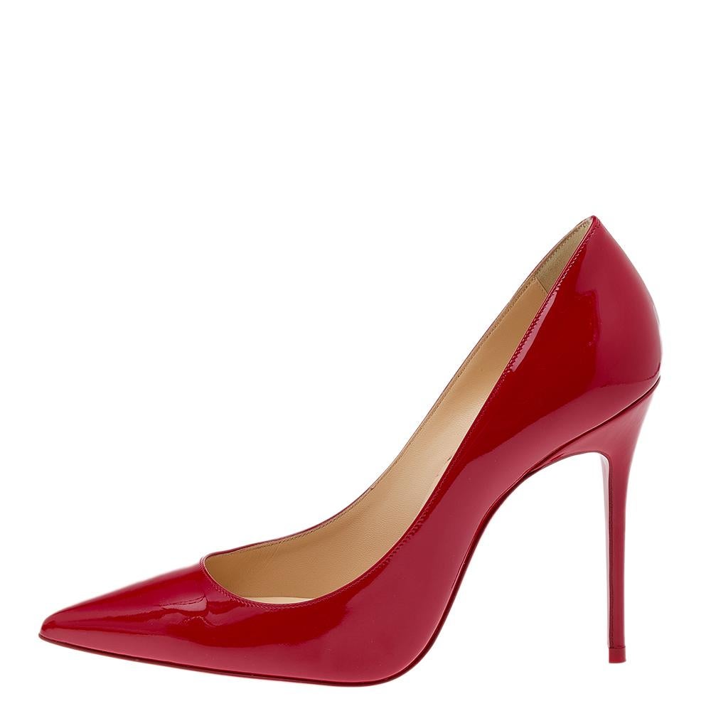 There are some shoes that stand the test of time and fashion cycles, these timeless Christian Louboutin pumps are the one. Crafted from patent leather in a red shade, they are designed with sleek cuts, pointed-toes, and tall heels.