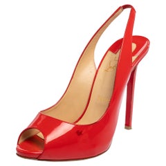 Christian Louboutin Red Patent Leather Lady Peep Slingback Pumps Size 41