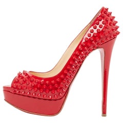 Christian Louboutin Red Patent Leather Lady Peep Spikes Pumps Size 38