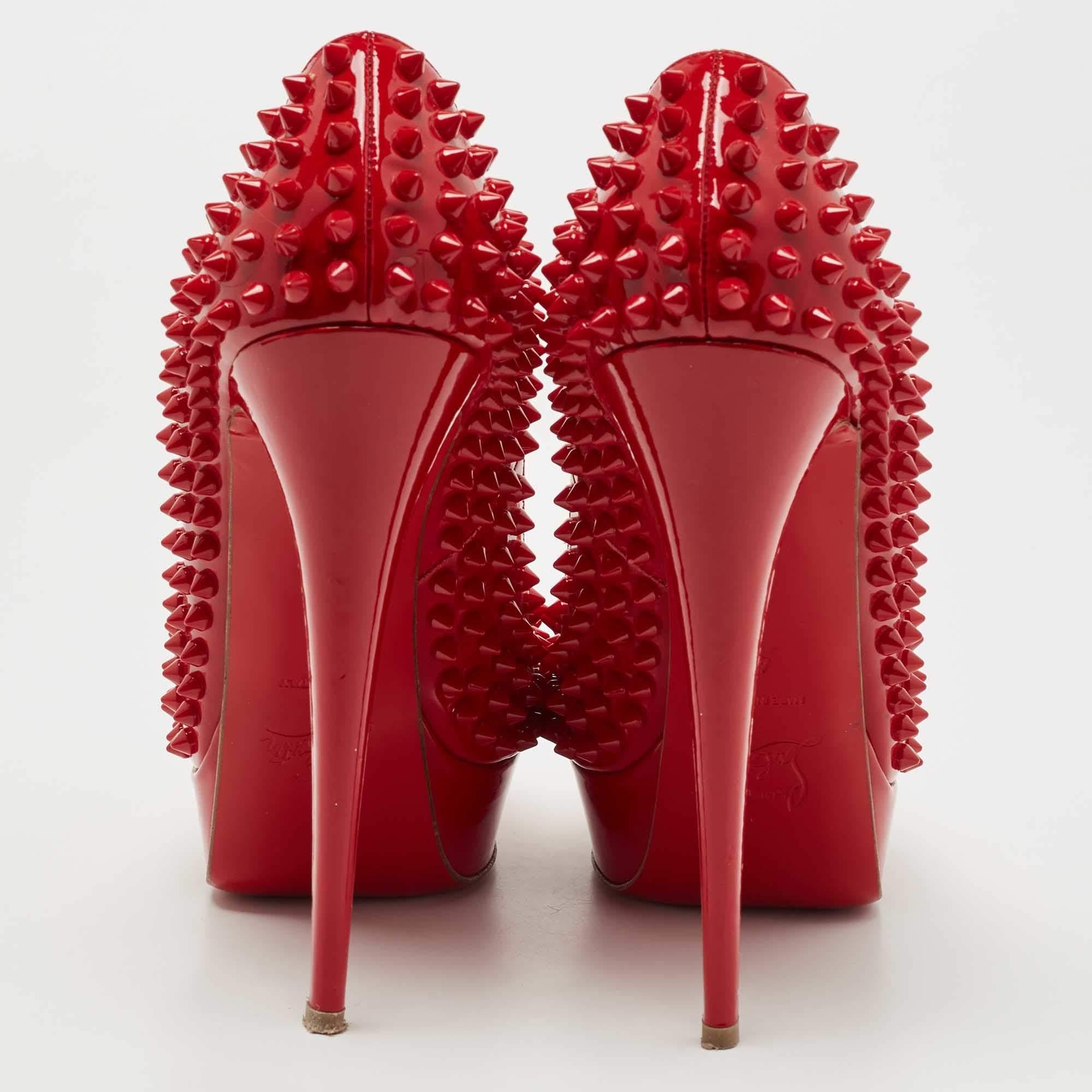 Christian Louboutin Red Patent Leather Lady Peep Spikes Pumps Size 41 In Good Condition In Dubai, Al Qouz 2