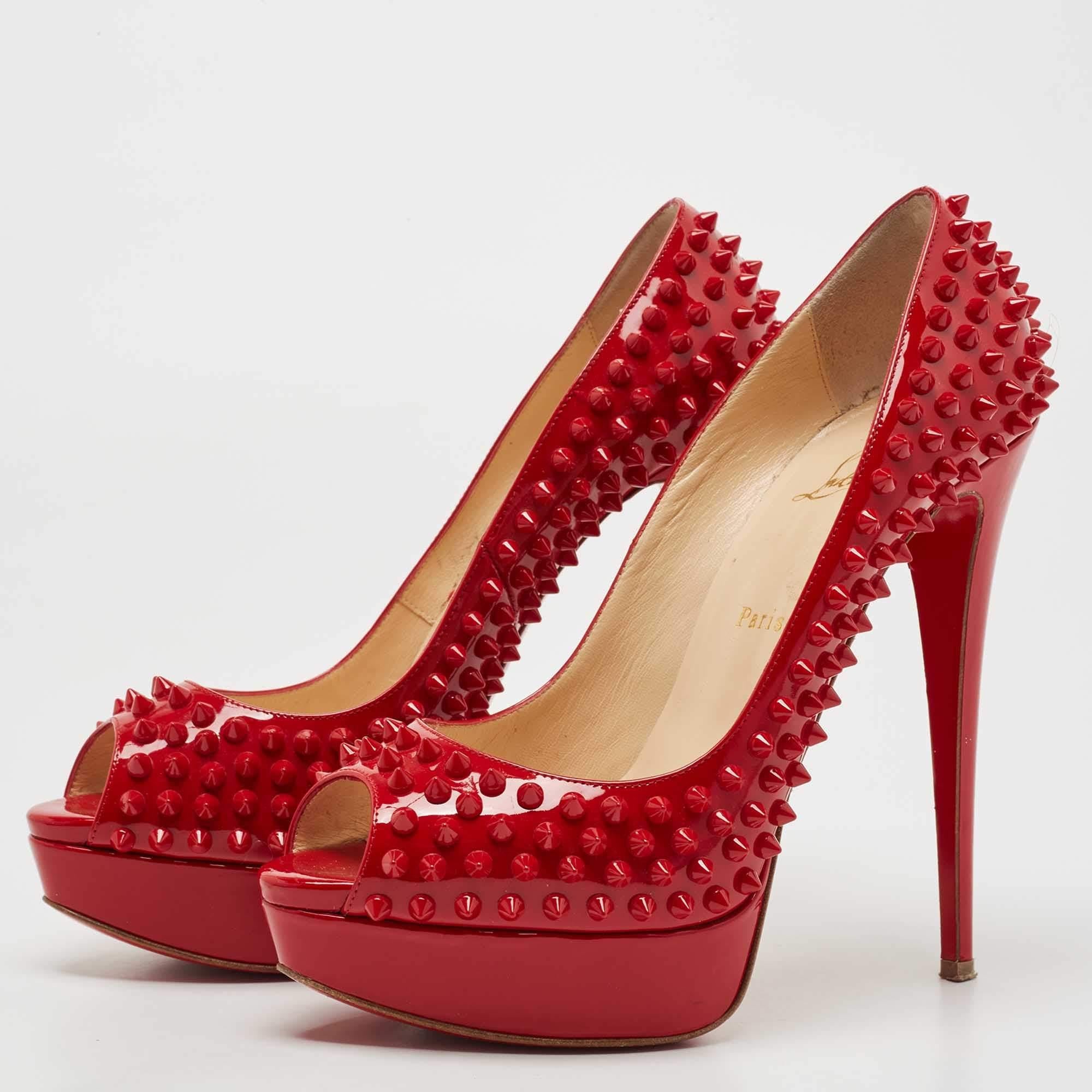 Women's or Men's Christian Louboutin Red Patent Leather Lady Peep Spikes Pumps Size 41