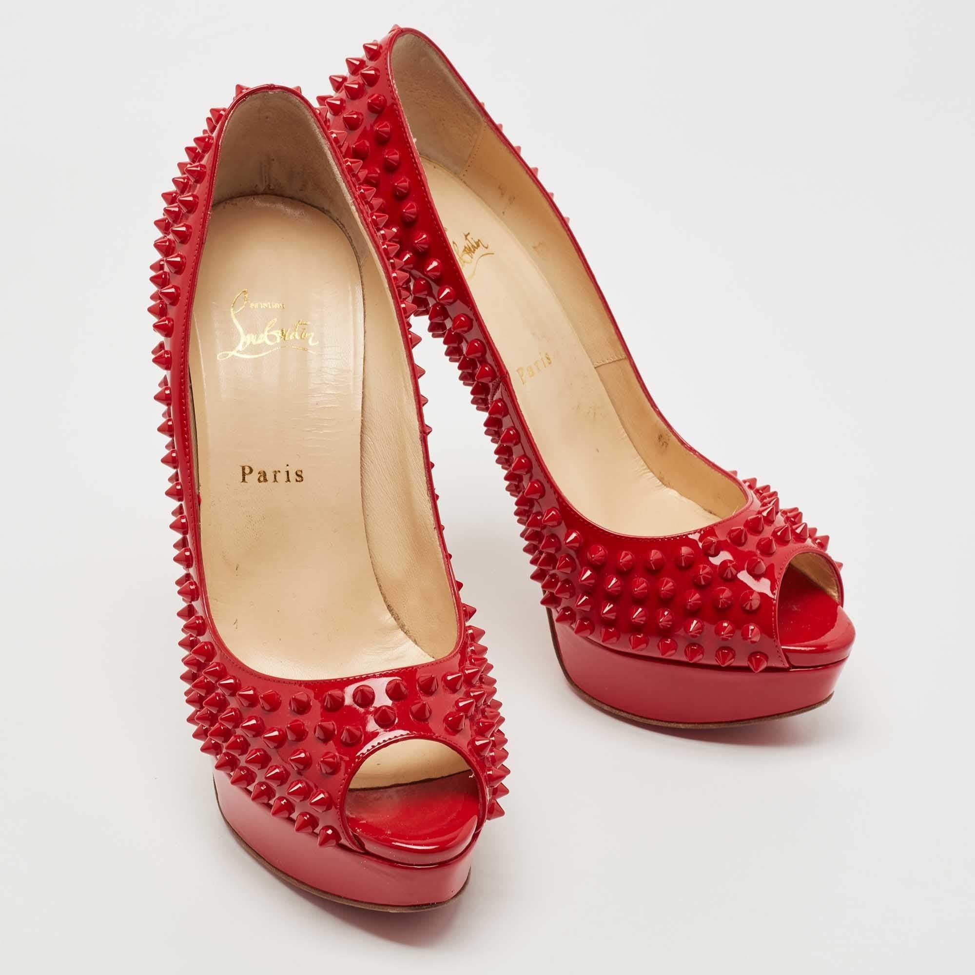 Christian Louboutin Red Patent Leather Lady Peep Spikes Pumps Size 41 1