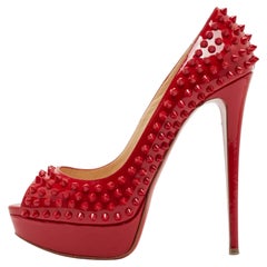 Christian Louboutin Red Patent Leather Lady Peep Spikes Pumps Size 41