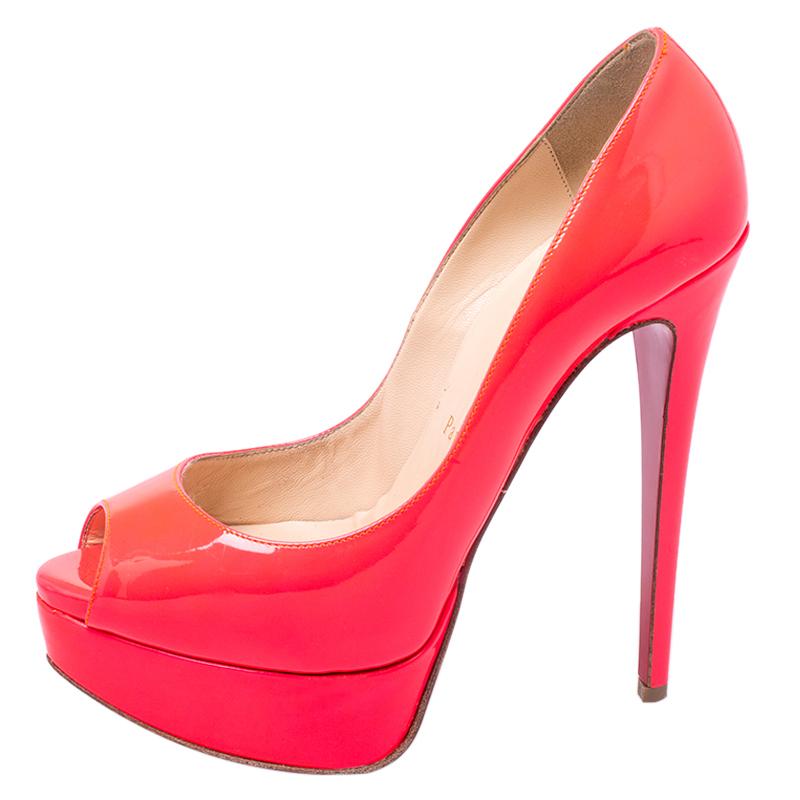 Christian Louboutin Red Patent Leather Lady Peep Toe Platform Pumps Size 36 3