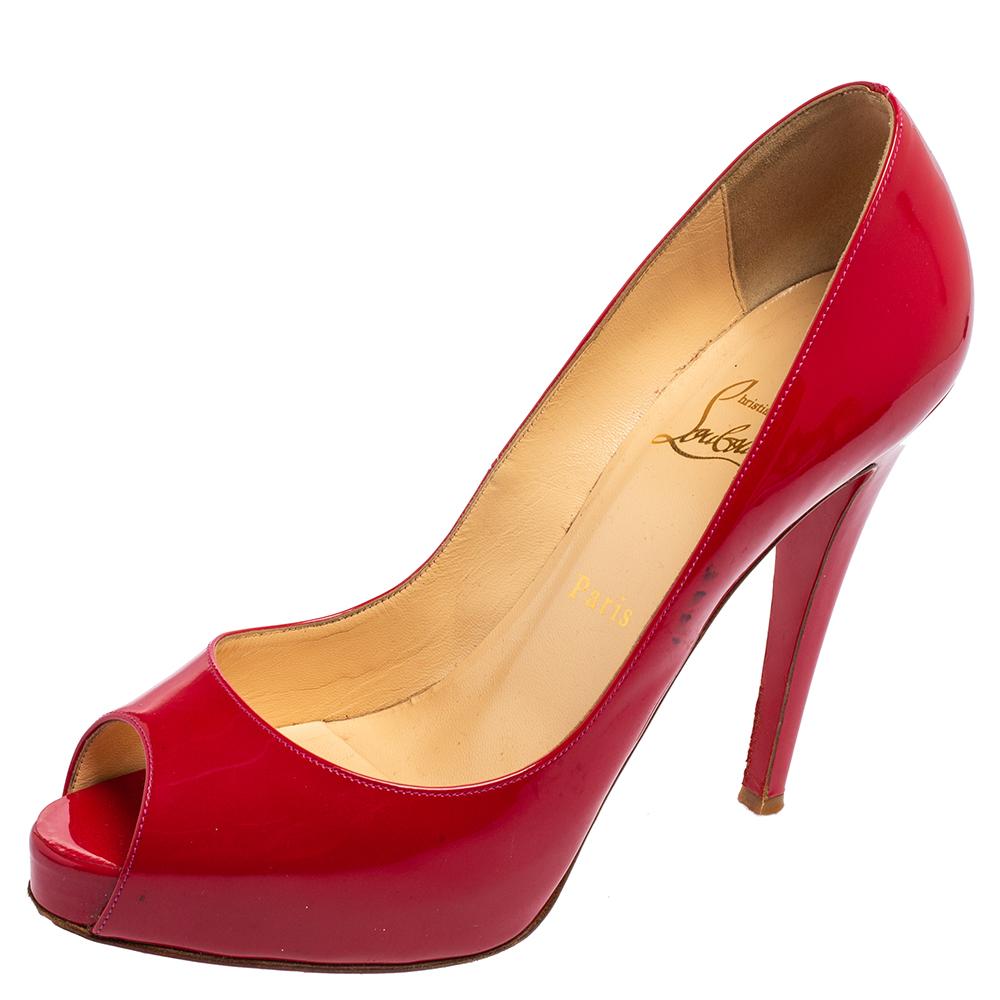 Women's Christian Louboutin Red Patent Leather Lady Peep Toe Platform Pumps Size 39.5