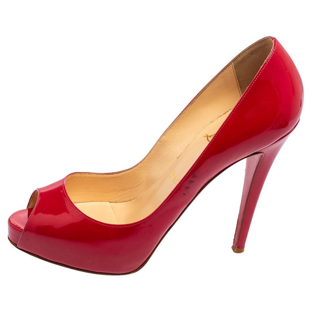 Christian Louboutin Red Patent Leather Lady Peep Toe Platform Pumps Size  39.5 For Sale at 1stDibs