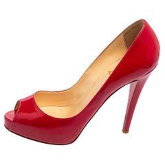 Christian Louboutin Red Patent Leather Lady Peep Toe Platform Pumps Size 39.5