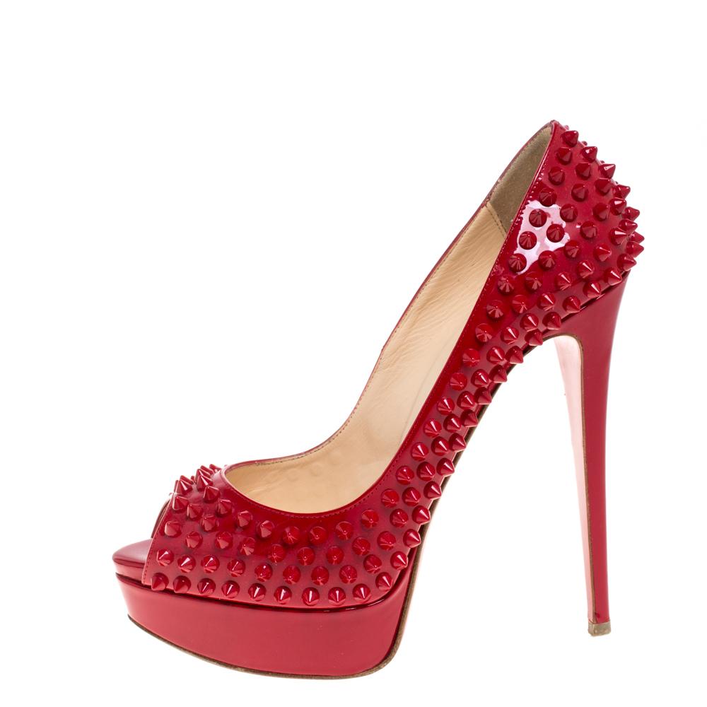 Christian Louboutin Rot Lackleder Dame Peep Toe Spike Pumps Größe 38.5 1