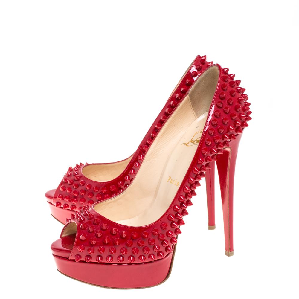Christian Louboutin Rot Lackleder Dame Peep Toe Spike Pumps Größe 38.5 3