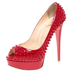 Christian Louboutin Red Patent Leather Lady Peep Toe Spike Pumps Size 38.5