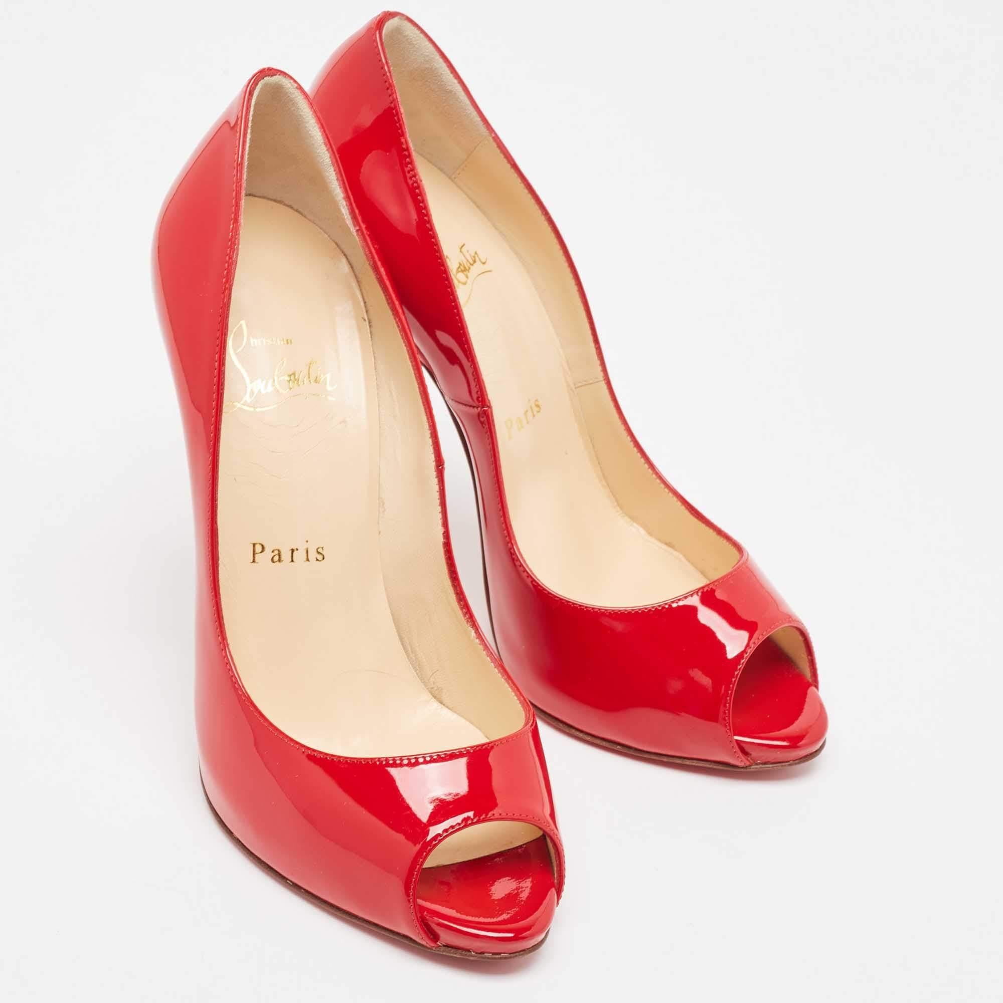 Christian Louboutin Red Patent Leather Maryl Peep Toe Pumps Size 37 In Good Condition For Sale In Dubai, Al Qouz 2