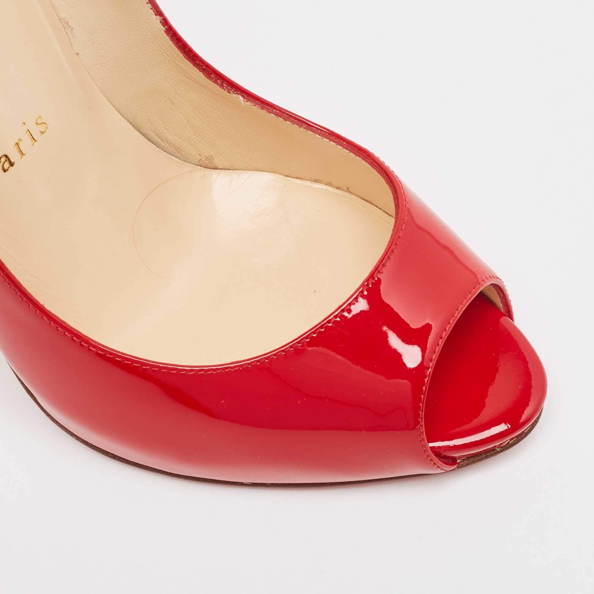 Women's Christian Louboutin Red Patent Leather Maryl Peep Toe Pumps Size 37 For Sale