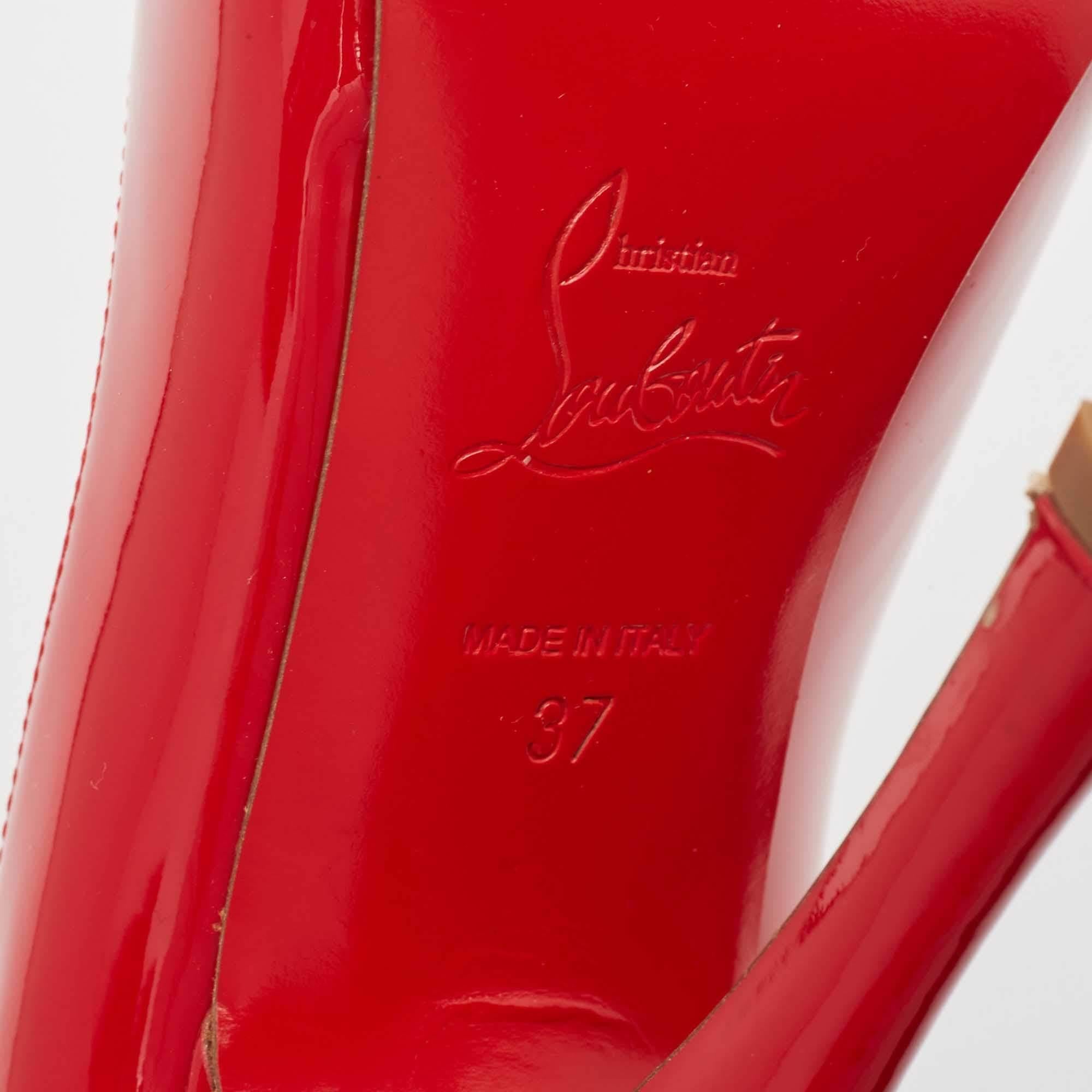 Christian Louboutin Red Patent Leather Maryl Peep Toe Pumps Size 37 For Sale 1