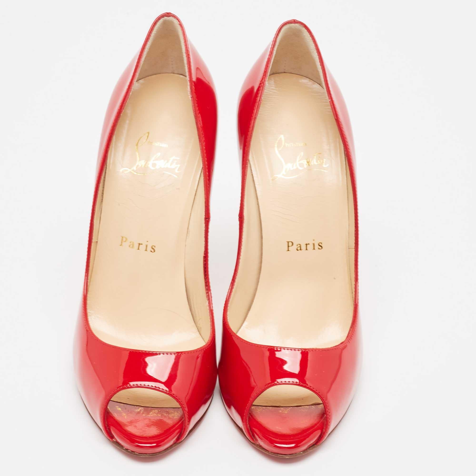 Christian Louboutin Red Patent Leather Maryl Peep Toe Pumps Size 37 For Sale 2