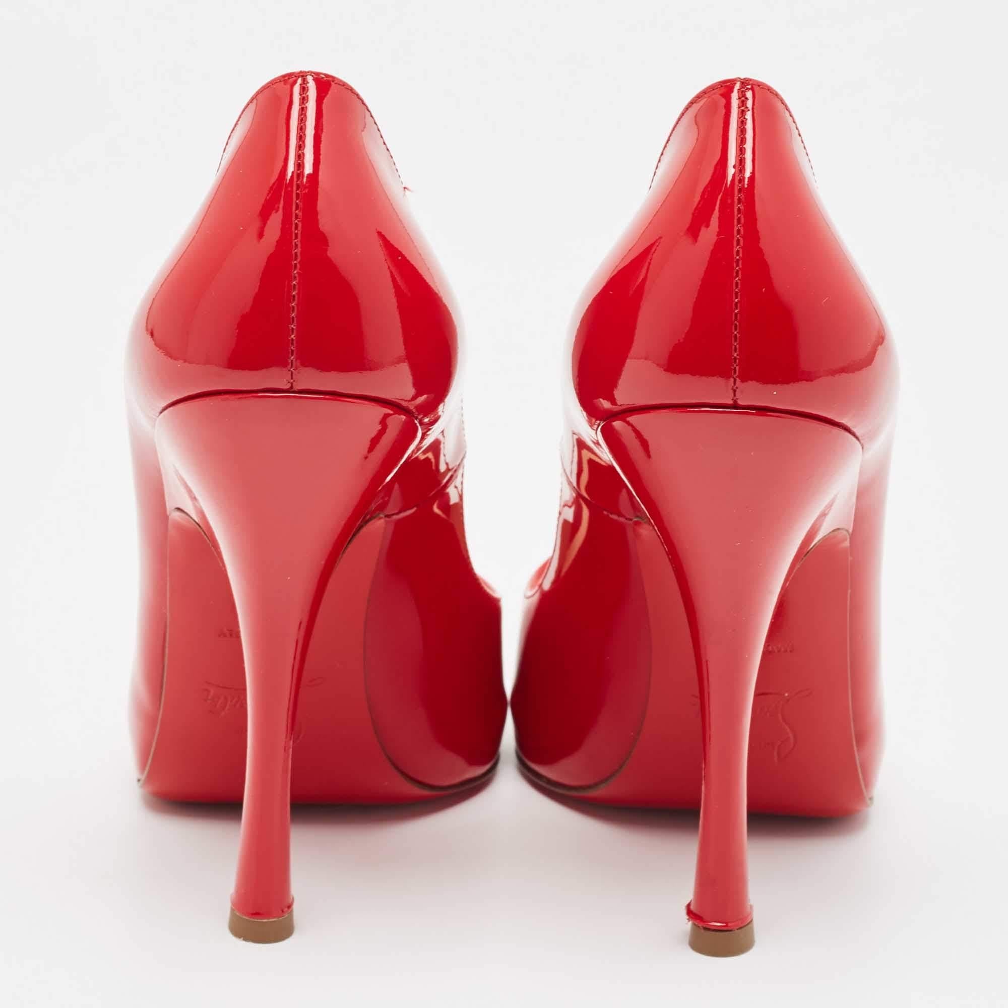 Christian Louboutin Red Patent Leather Maryl Peep Toe Pumps Size 37 For Sale 3