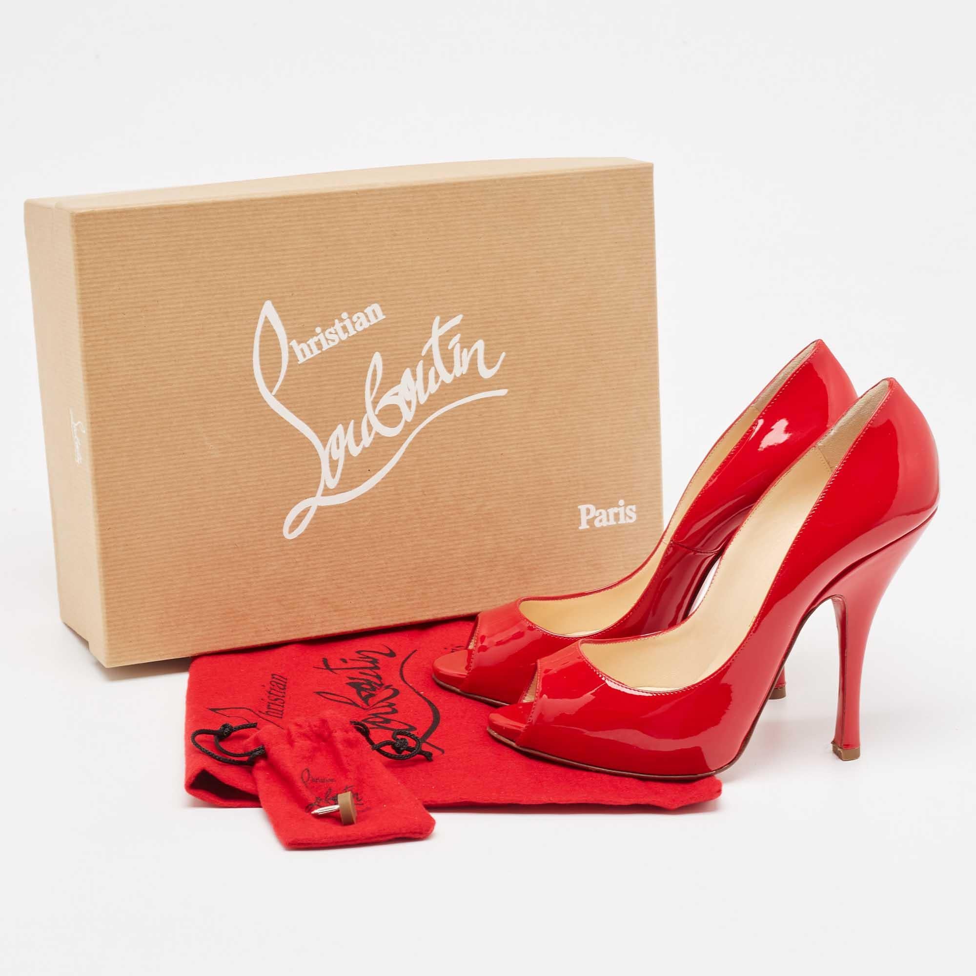 Christian Louboutin Red Patent Leather Maryl Peep Toe Pumps Size 37 For Sale 5