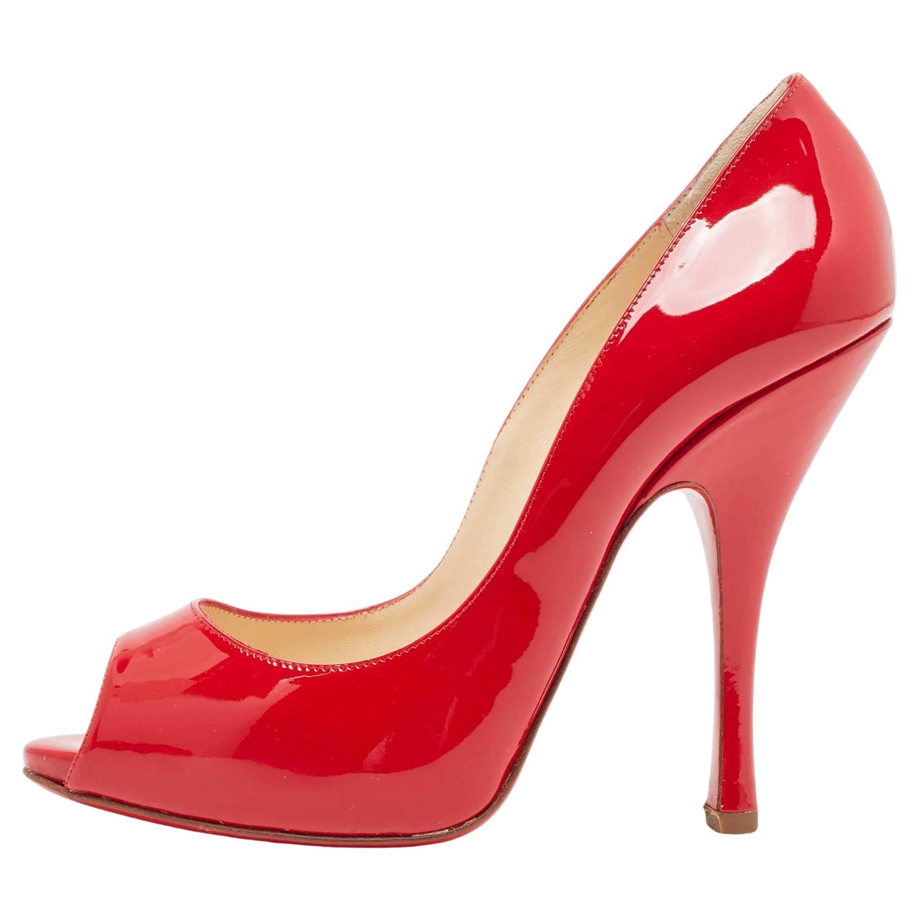 Christian Louboutin Red Patent Leather Maryl Peep Toe Pumps Size 37 For Sale