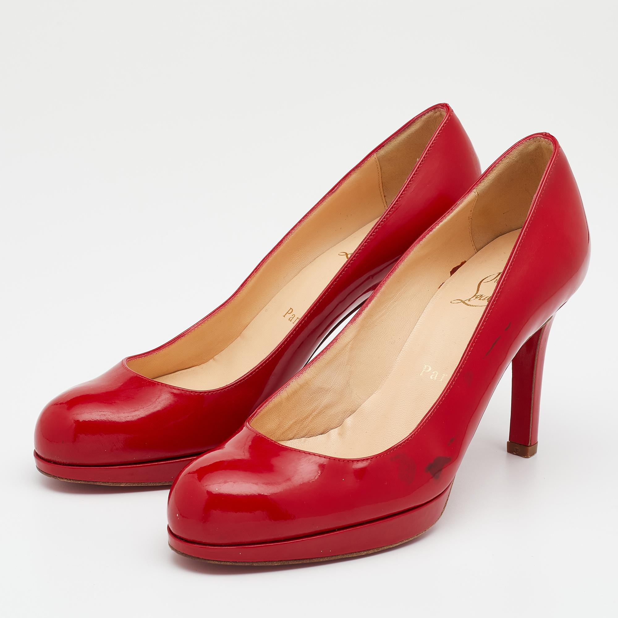 Christian Louboutin Red Patent Leather New Simple Platform Pumps Size 37 For Sale 4