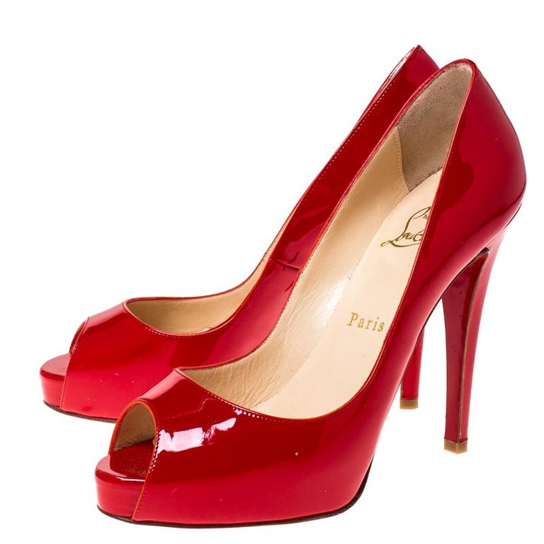 Christian Louboutin Red Patent Leather Peep Toe Platform Pumps Size 37. ...