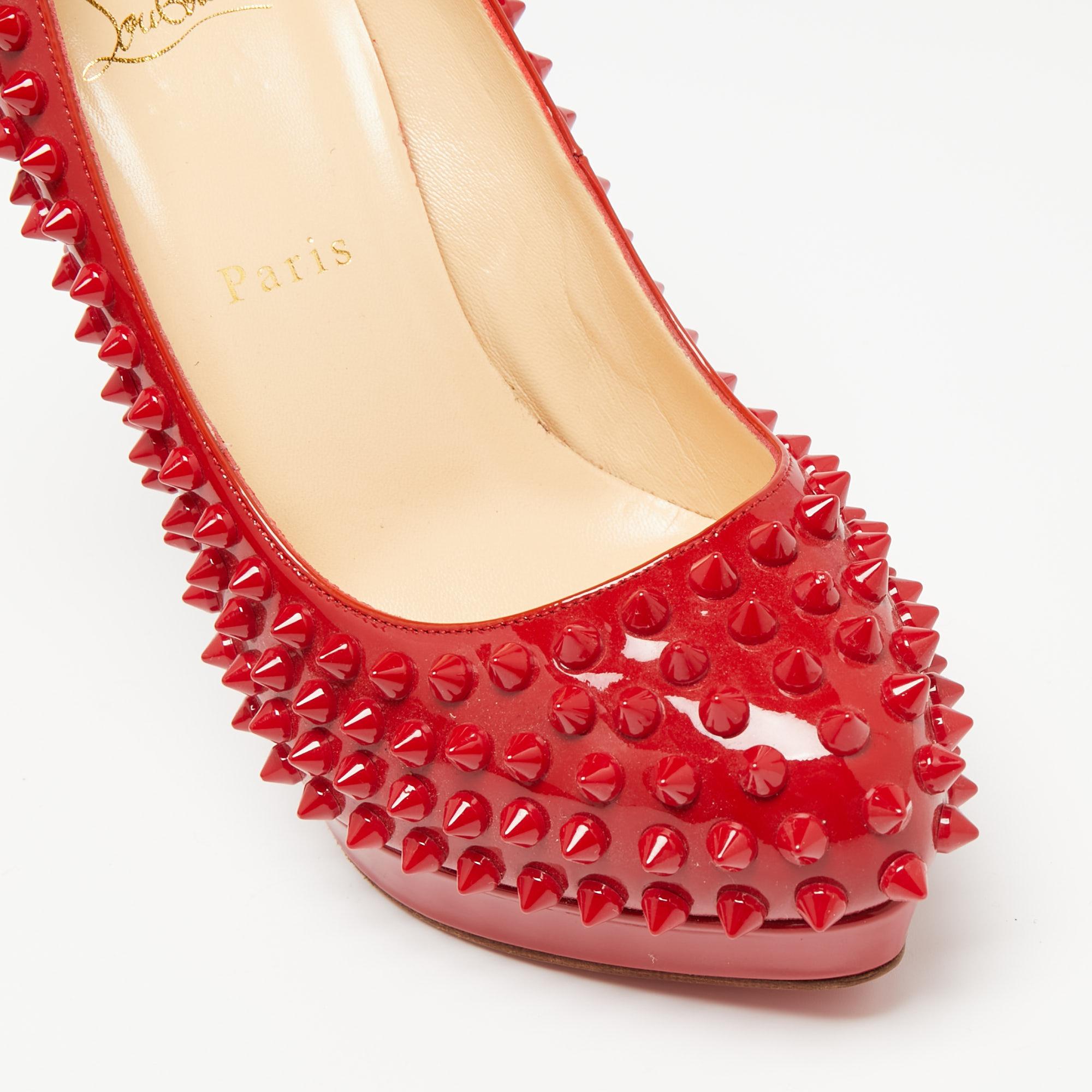Christian Louboutin Red Patent Leather Pigalle Spikes Platform Pumps Size 38 In New Condition In Dubai, Al Qouz 2
