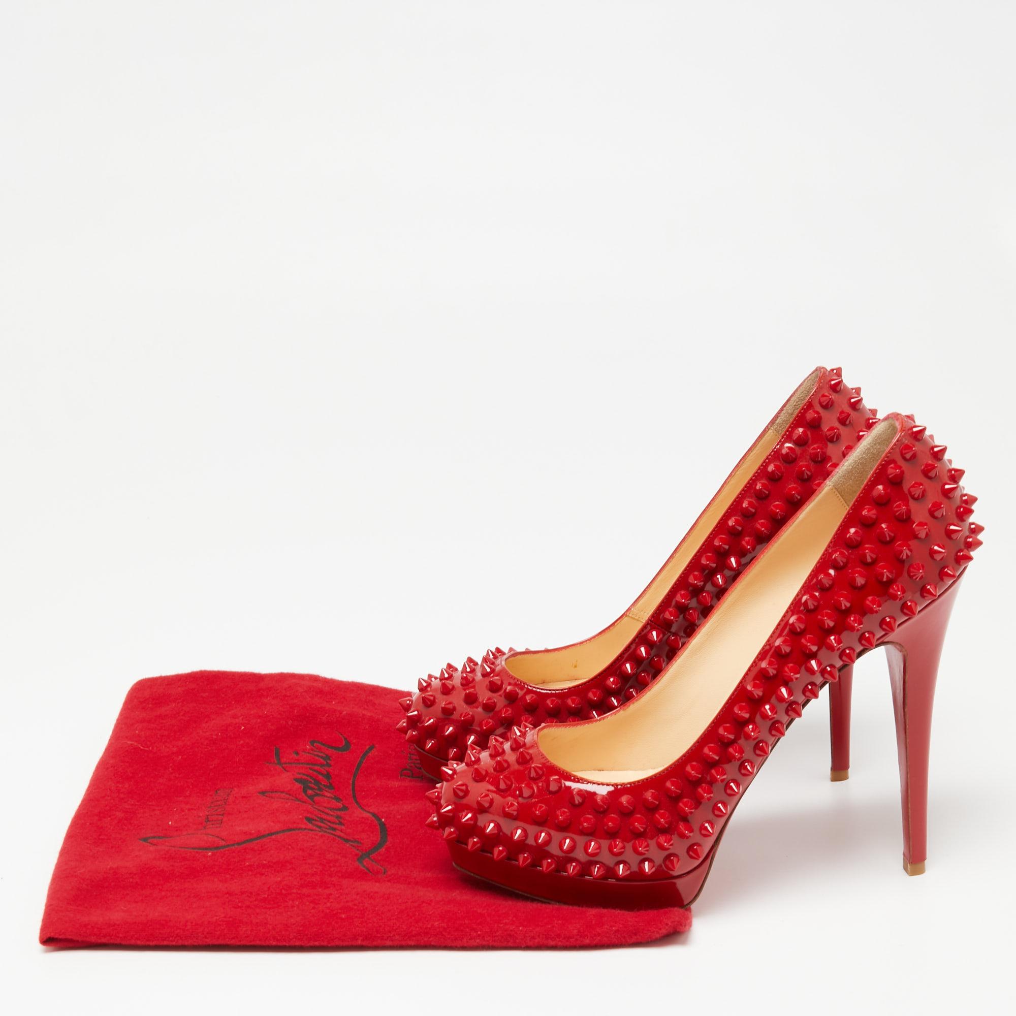 Christian Louboutin Red Patent Leather Pigalle Spikes Platform Pumps Size 38 2