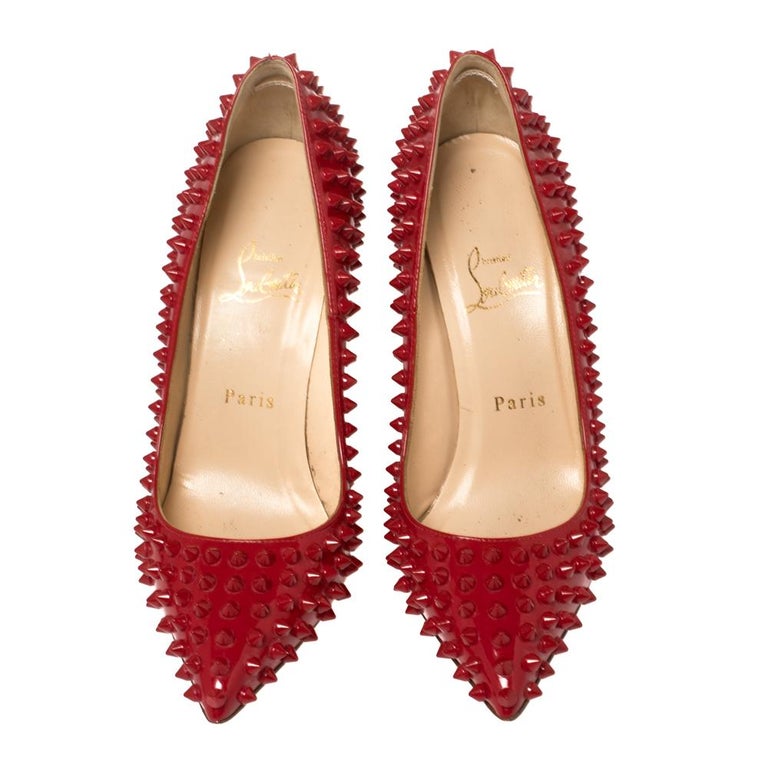 Christian Louboutin Red Patent Leather Pigalle Spikes Pumps Size 37.5 ...