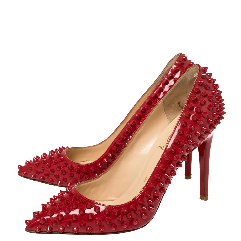Women's Christian Louboutin Red Patent Leather Pigalle Spikes Pumps Size 37.5