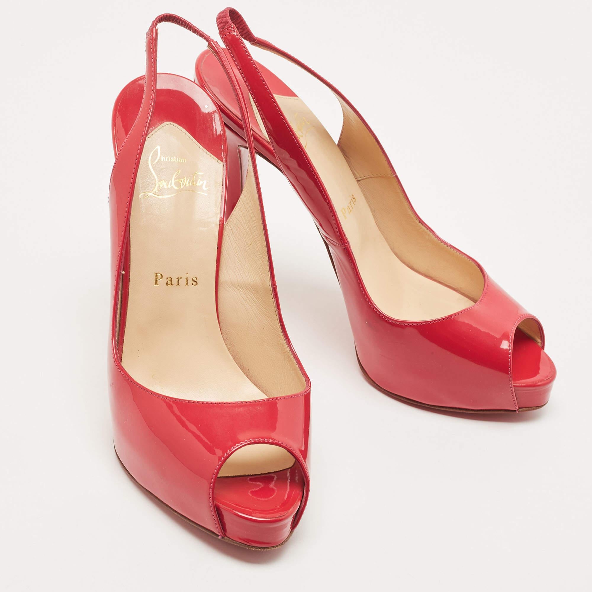 Christian Louboutin Red Patent Leather Private Number Peep Toe Slingback Sandals In Good Condition In Dubai, Al Qouz 2