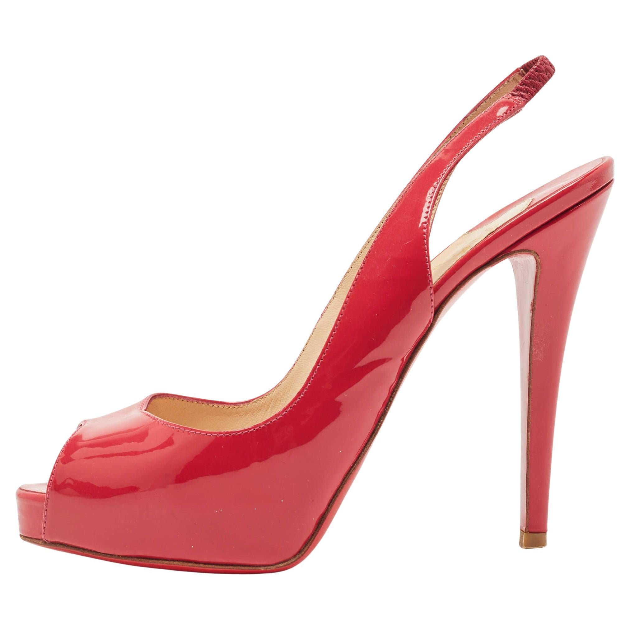 Christian Louboutin Red Patent Leather Private Number Peep Toe Slingback Sandals