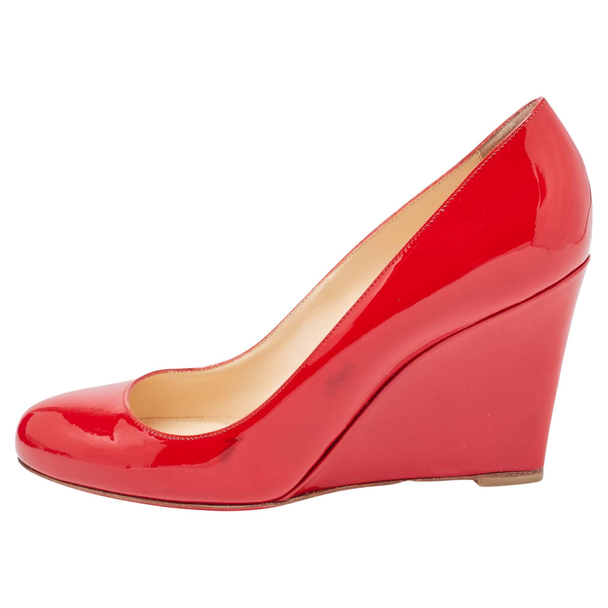 Christian Louboutin Red Patent Leather Ron Ron Wedge Pumps Size 38.5 For Sale