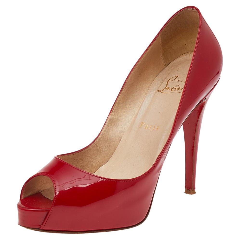 Christian Louboutin Red Patent Leather Very Prive PeepToe Pumps Size 39 For Sale