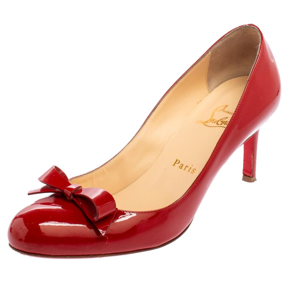 Christian Louboutin Red Patent Leather Vinodo Bow Pumps Size 38