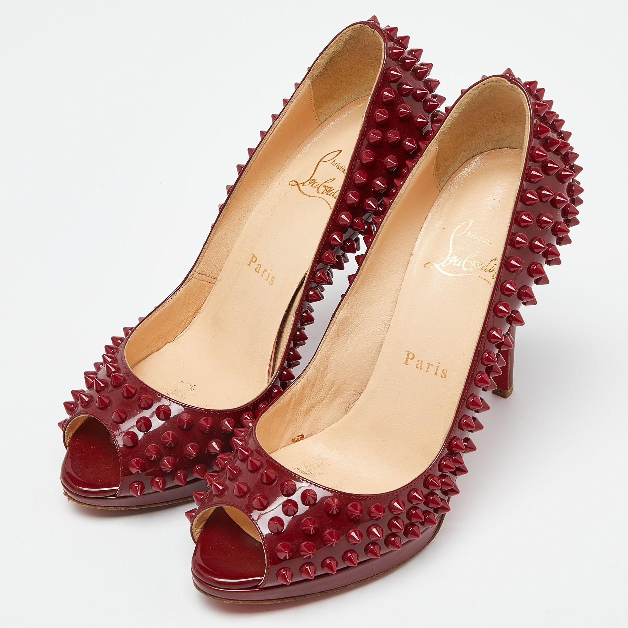 Christian Louboutin Red Patent Leather Yolanda Spiked Peep-Toe Pumps Size 37.5 For Sale 6