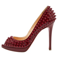 Christian Louboutin Red Patent Leather Yolanda Spiked Peep-Toe Pumps Size 37.5