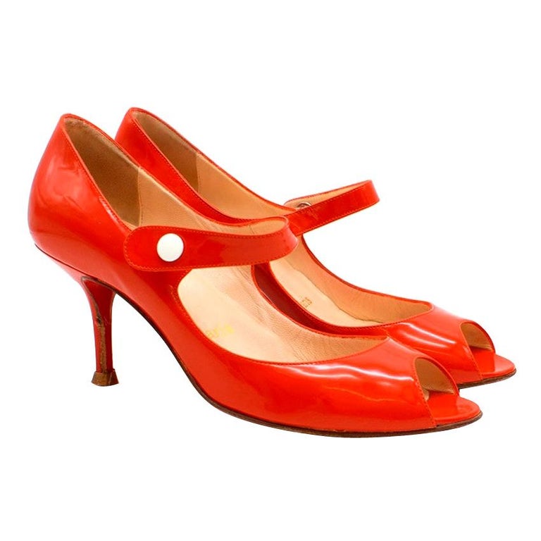 Christian Louboutin Red Patent Peep Toe Pumps 37 For Sale at 1stDibs | mary jane peep toe heels, red peep toe pumps