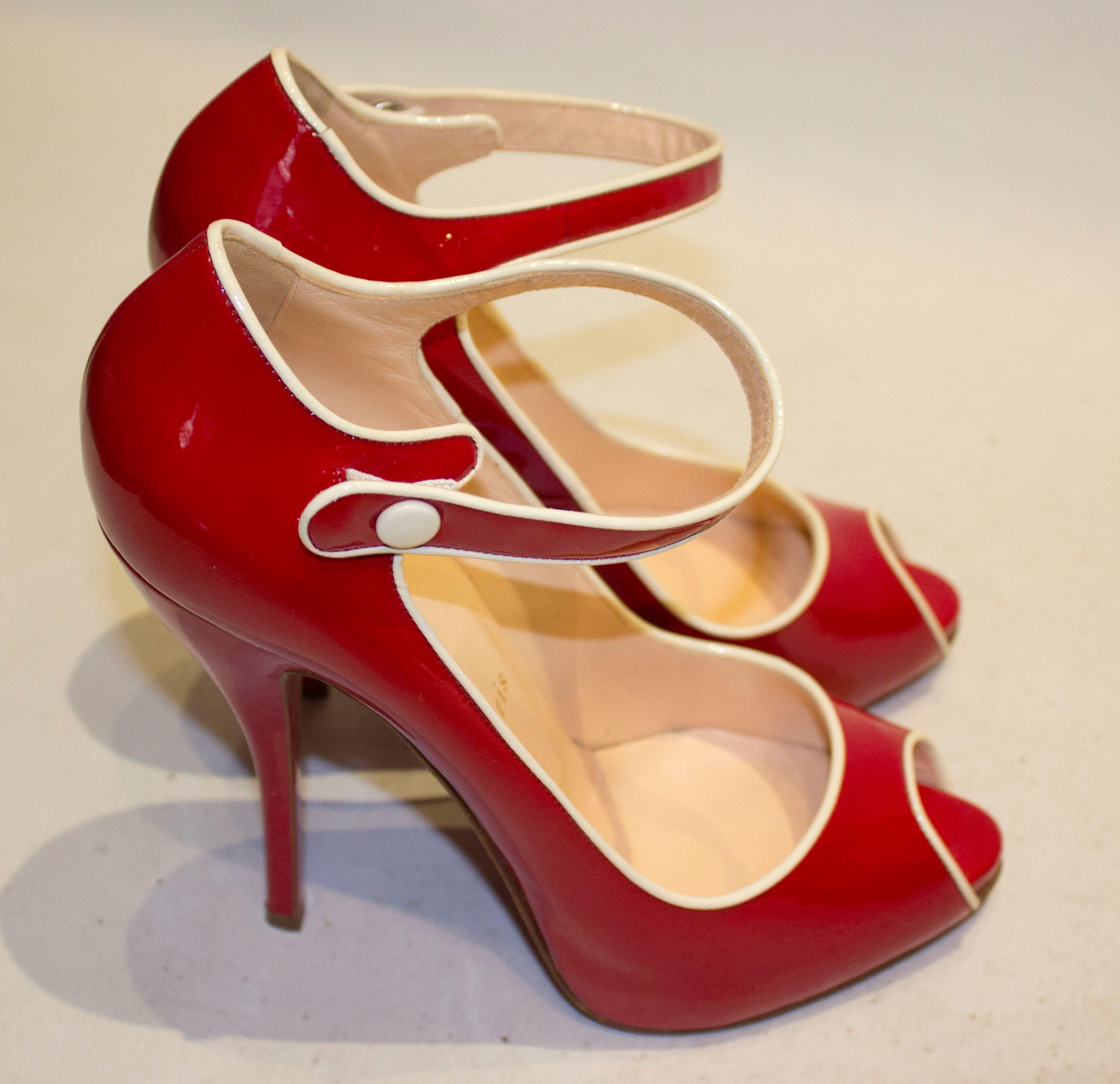 red patent peep toe heels