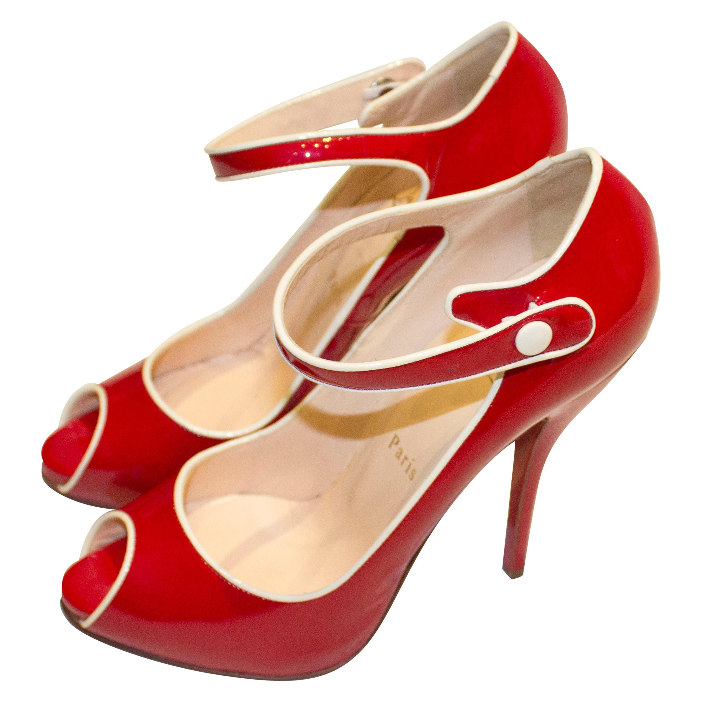 Christian Louboutin Red Patent Peep Toe Shoes with Ankle Straps
