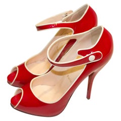 Christian Louboutin Red Patent Peep Toe Shoes with Ankle Straps