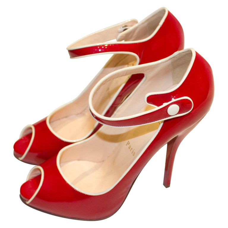 Christian Louboutin Red Patent Peep Toe Shoes with Ankle Straps For ...