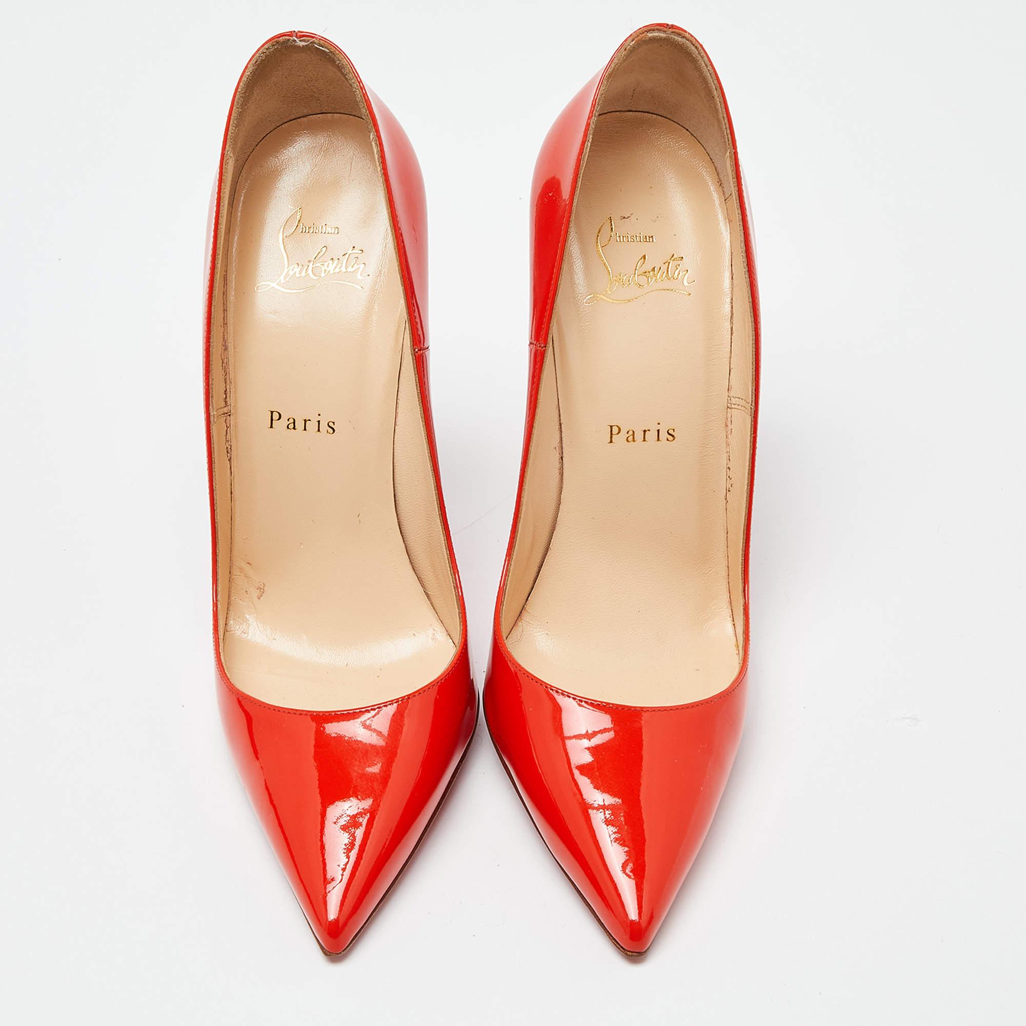 The classic pointed toes and signature red-lacquered sole characterize this pair of Christian Louboutin pumps. Crafted from patent leather, it has been styled with a red shade. The sleek heels and durable construction signify the brand's expertise