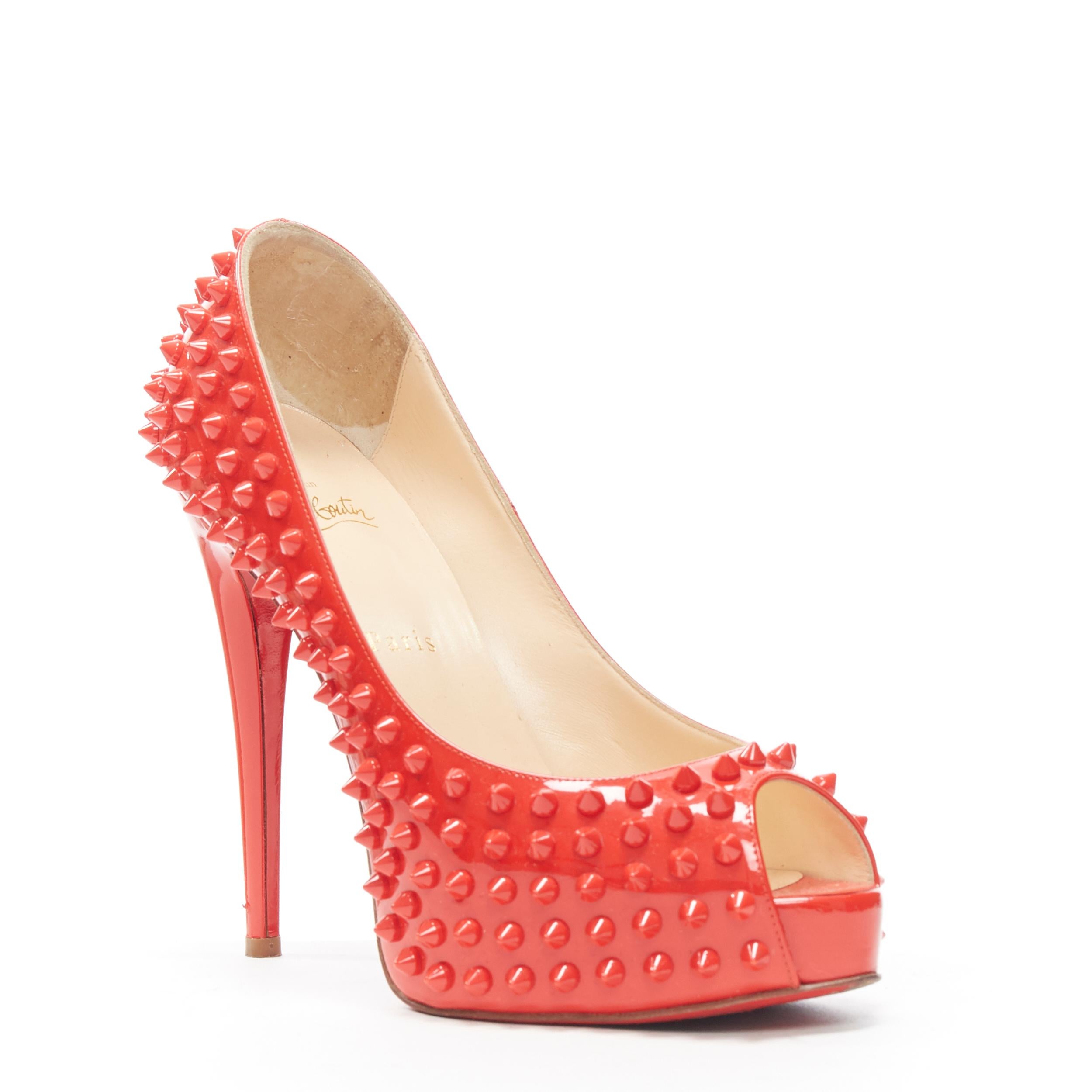 CHRISTIAN LOUBOUTIN red patent spike stud peep toe platform high heel pump EU39 2