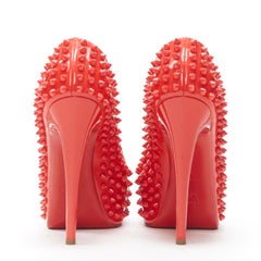 CHRISTIAN LOUBOUTIN red patent spike stud peep toe platform high heel pump EU39