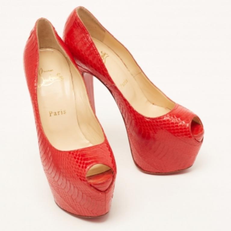 Women's Christian Louboutin Red Python Highness Pumps Size 37.5 For Sale
