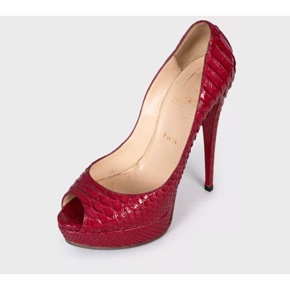 Rosso Christian Louboutin Red Python Peep-Toe Heels - Size 40 in vendita